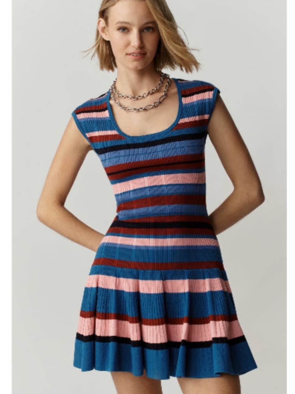 Maeve NWT The Beca Scoop Neck Striped Ribbed Fit & Flare Dress Blue & Pink - Med